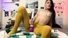 Small titted brunette Sharron with glasses masturbates