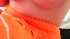 Busty curly brunette with big boobs fucks on couch