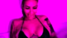 Busty curly brunette with big boobs fucks on couch