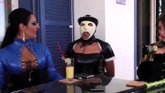 Femdom fetish mistresses fuck bdsm loser with strapon