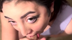 Facial for brunette after POV blowjob