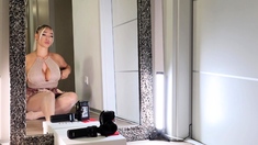 Shaved pussy blonde Tasha Reign with big boobs goes solo