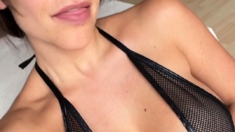 Busty curly brunette with big boobs fucks on couch