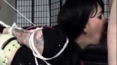 Asian whore blindfolded, gagged and used as a cum dumpster